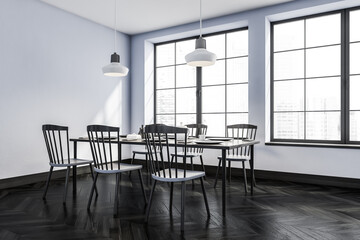 Fototapeta premium Dark dining room interior with furniture and window, mockup