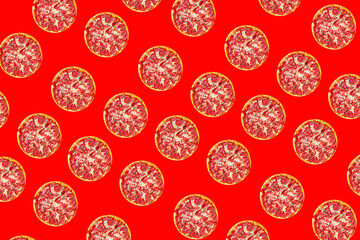 Pizza salami sausage pizza  pepperoni fast food cheese, tomato sauce, dough Takeaway fresh meal snack on the table copy space food background  pattern rustic 