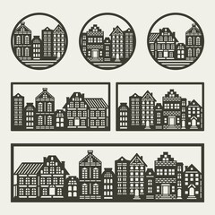 Set of paintings with houses. European street with brown building facades in rectangular and round frame on gray background. Simple style, monochrome. Vector template for plotter laser cutting, cnc.