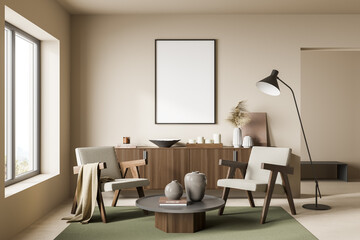 Empty canvas on beige wall. Modern living room seating idea