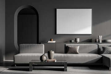 Empty horizontal canvas in dark grey living room with oval mirror