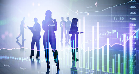 Office people in company working together, stock market bar chart and lines