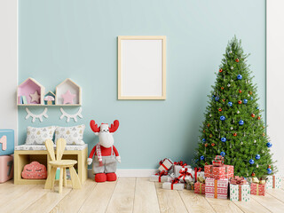 Mock up poster frame in children room with Christmas tree in living room.