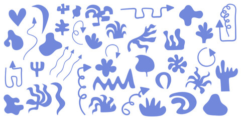 Set of abstract hand drawn objects and elements on a white background.Various arrows and tropical, abstract shapes for decoration. Vector illustration in a flat style.