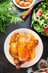 christmas chicken or turkey meat poultry new year table treat fresh meal on the table copy space food background 