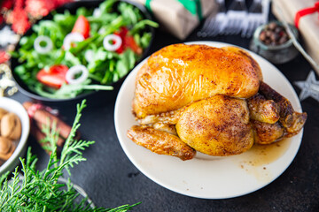 christmas chicken or turkey meat poultry new year table treat fresh meal on the table copy space food background 