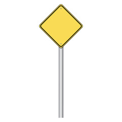 Realistic blank American warning road sign. Vector illustration of yellow diamond shaped traffic sign with empty space inside on metal pole. Caution for driver. Copy space for your design. Danger.