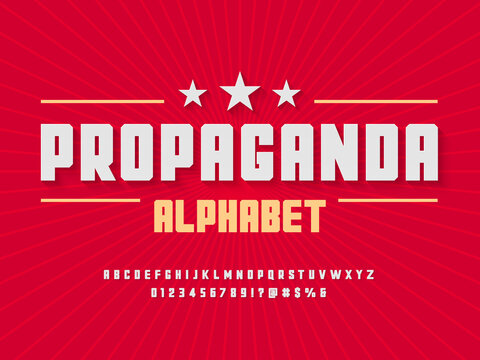 Propaganda Retro style alphabet design with uppercase, numbers and symbols