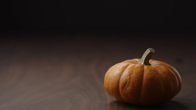 Slow motion small orange pumpkin fall in frame on walnut table with copy space