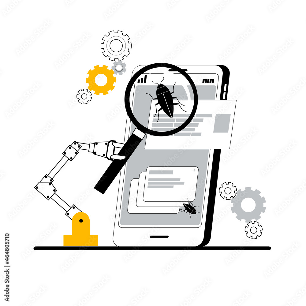 Aufkleber a robotic arm with a magnifying glass searches for bugs in a mobile application. vector illustration