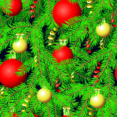 Christmas tree branch with red and gold Christmas balls seamless pattern. Vector illustration.