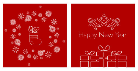 concise template for the new year. Christmas spirit. Beautiful linear icons depicting the main elements of winter: santa claus, deer, gifts, cookies, stars, snowflakes. For postcards, packages, prints