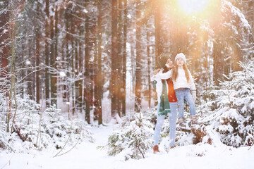 Young family for a walk. Mom and daughter are walking in a winter park.