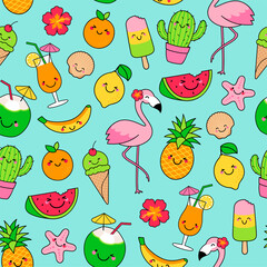 Cute tropical summer cartoon illustration seamless pattern background.