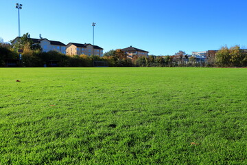 Very green grass at a soccer field. Residential living with apartments in the background. Clear blue sky. Stockholm, Sweden.