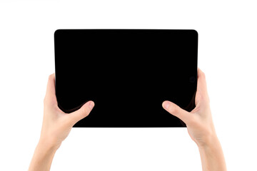 Hands holding black tablet, isolated on white background. Digital tablet in hands. Hands holding tablet touch computer gadget with isolated screen.
