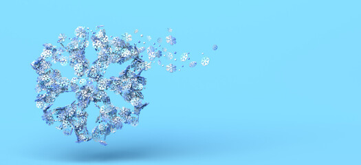 Snowflake decomposing in winter snowflakes. Copy space. 3D illustration.
