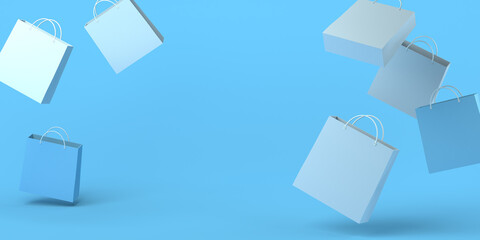 Shopping bags floating on blue background. 3D illustration. Copy space. Seasonal winter shopping. Banner for sales or discounts.