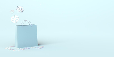 Winter season shopping banner. Shopping bag with snowflakes. 3D illustration. Space for promotional copy, discount or sales.