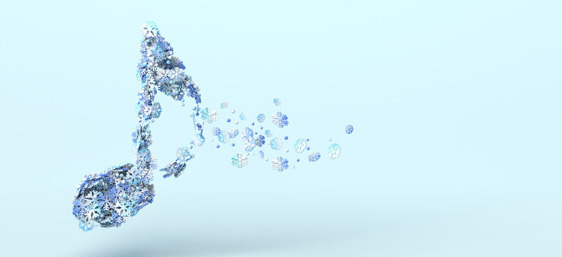 Musical note decomposing into winter snowflakes. Copy space. 3D illustration.