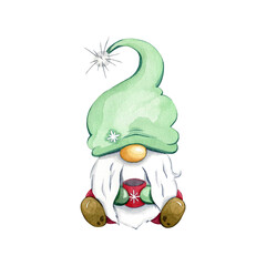 Watercolor scandinavian folklore elf, nordic christmas motive, isolated on white background, hand drawn illustration, christmas gnome with mug.
