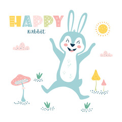 children card with cartoon cute happy rabbit