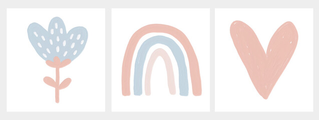 Cute Nursery Hand Drawn Vector Illustration.Childish Style Pink and Blue Brush Flower, Rainbow and Heart Isolated on a White Background. Oil Painting Style Print with Abstract Flower and Love Symbol.