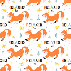 colored seamless pattern with cute fox, vector illustration