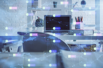 Double exposure of data theme drawing and office interior background. Concept of technology.