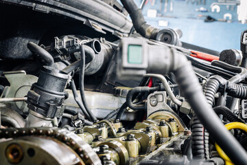 Fototapeta na wymiar Mechanic engine auto car service, vehicle diagnostic. Automotive repair in garage workshop. Technician maintenance.