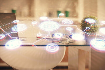 Fototapeta premium Double exposure of social network theme drawing and office interior background. Concept of web.