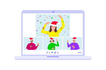 Online Christmas or New Year home party concept. People on laptop screen celebrating, dancing, communicating. Vector flat illustration.