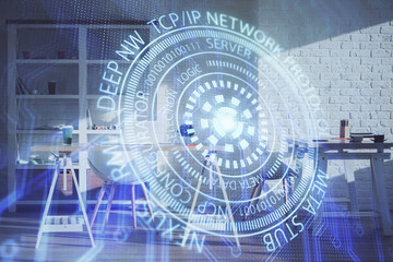 Multi exposure of data theme drawing and office interior background. Concept of technology.