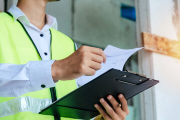 engineer or home inspector in green reflective jacket checking review document and inspecting with...