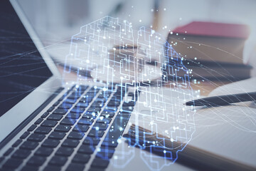 Double exposure of brain drawing and desktop with coffee and items on table background. Concept of research.