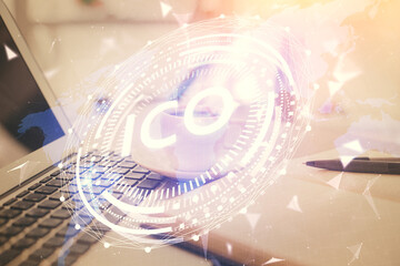 Double exposure of crypto technology drawing and desktop with coffee and items on table background....