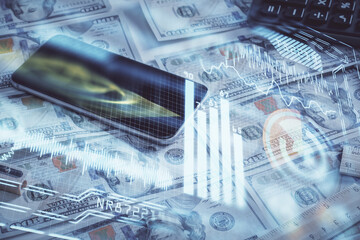 Double exposure of tech theme drawing over usa dollars bill background. Concept of technology.