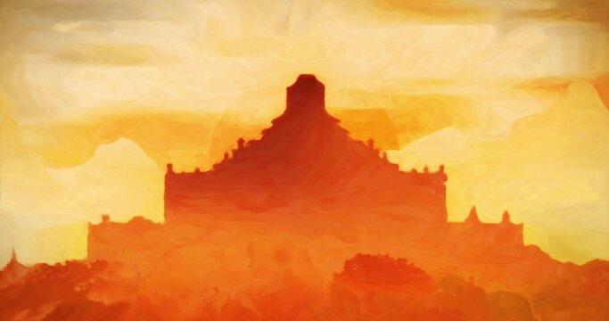 Stylized as drawing mystery orient temple in fog. An example of how a neural network works. Artificial intelligence in video processing.