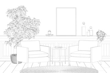 Sketch of the modern room with a vertical poster and decor on the wall panel, a coffee table between two armchairs, a round knitted rug on a tiled floor, a large plant in a wicker pot. 3d render