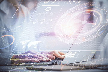 Multi exposure of woman hands working on computer and data theme hologram drawing. Tech concept.