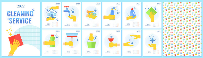 2022 vector annual calendar with cleaning company employees.
