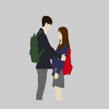 A school couple in love from dorama. A couple in love in a school uniform and with backpacks.