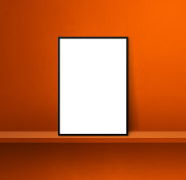 Black picture frame leaning on orange shelf. 3d illustration. Square background