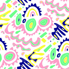 Seamless vector pattern with abstract modern doodles. Bright summer print. Trendy colorful background. Vintage geometric doodles.	