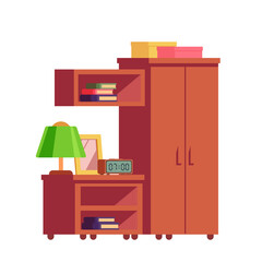 Nightstand with books, lamp and alarm clock near shelf and wardrobe. Furniture set. Vector illustration