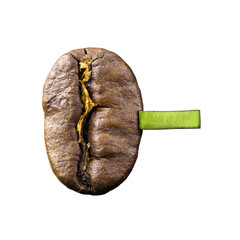 Roasted coffee bean with green label. 100% coffee.