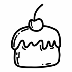 Doodle cake with icing and cherry. Vector linear sketch illustration of sweet food