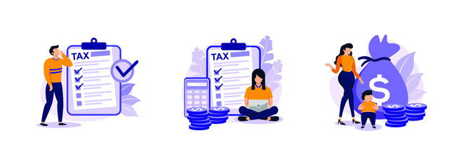 Personal Income Tax, Doing Your Taxes, Care Tax Credit. Years tax bill abstract concept vector exclusive illustration set. - obrazy, fototapety, plakaty