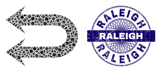 Geometric collage double left arrow, and Raleigh corroded stamp seal. Violet stamp seal has Raleigh tag inside circle shape. Vector double left arrow collage is done from different spheric, triangle,