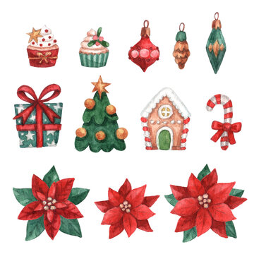 Christmas collection of decorative elements: poinsettia flower, gingerbread house, cupcake, candy cane, gift, fir tree, vintage christmas toys. Watercolor hand painted illustration. 